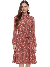  Women's Tie Neck Dresses Chiffon Long Sleeve Belted Vintage Medium Red White