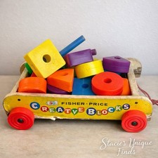 Vintage Fisher Price Creative Blocks Wagon Wooden Toy Pull Cart 1960s