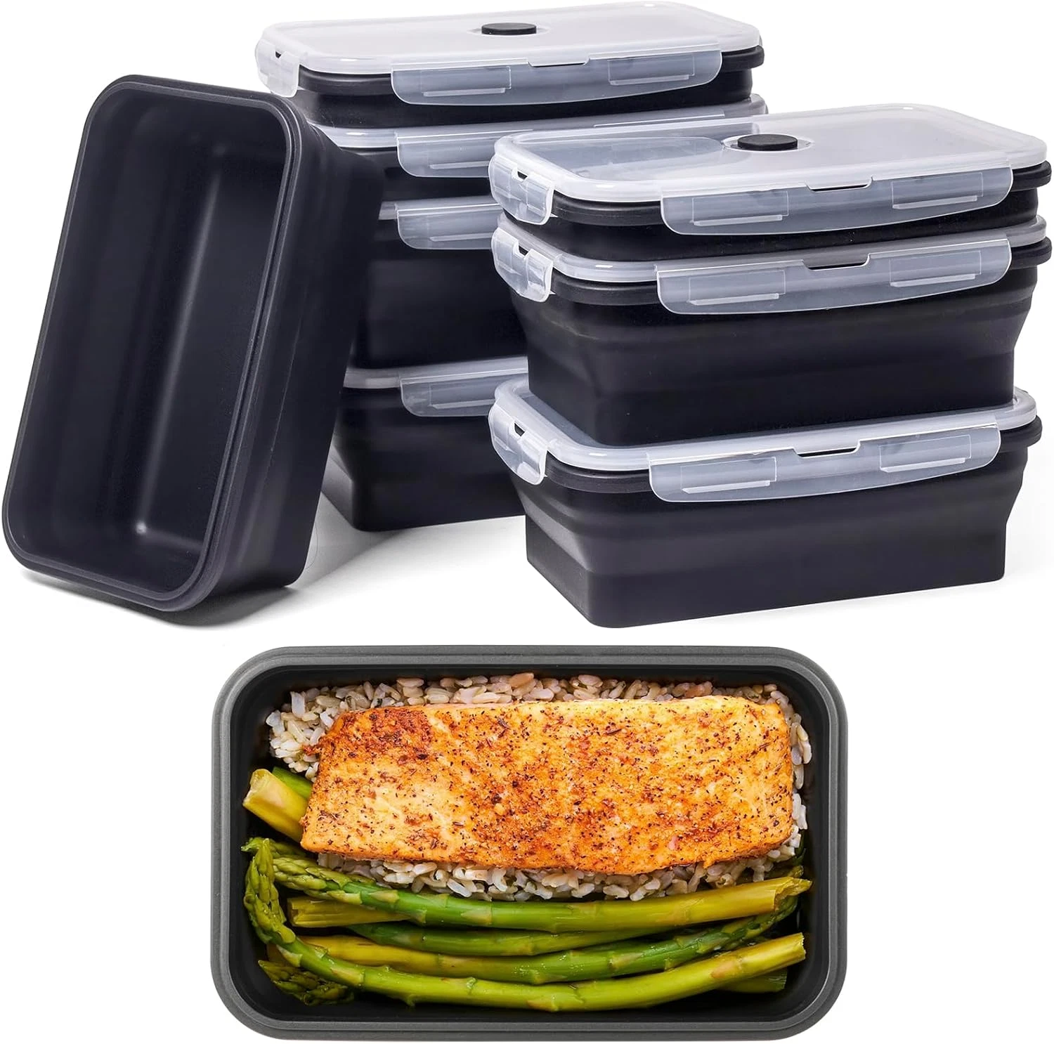 Collapsible Food Storage Containers with Lids, 8 Pack, 40 Oz Silicone 1-Compartm