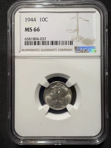 1944 Mercury Dime 10c NGC MS66 - Philadelphia Mint - 90% Silver - Choice Gem BU