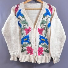 Vintage Hand Knit Cottage Crochet Granny Cardigan Soft Flower Pearl Buttons L XL