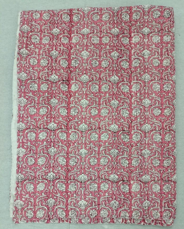 Indian Pink White Floral Kantha Quilt,Blanket Cotton King Size Bedspread Throw - Image 4 of 4