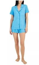 I.n.c International Concepts Women's 2-Pc Sparkle Knit Pajamas Set Cyan Blue XXL