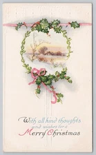 Merry Christmas, Country Cottage in Winter, Holly, Ribbons, Embossed Postcard