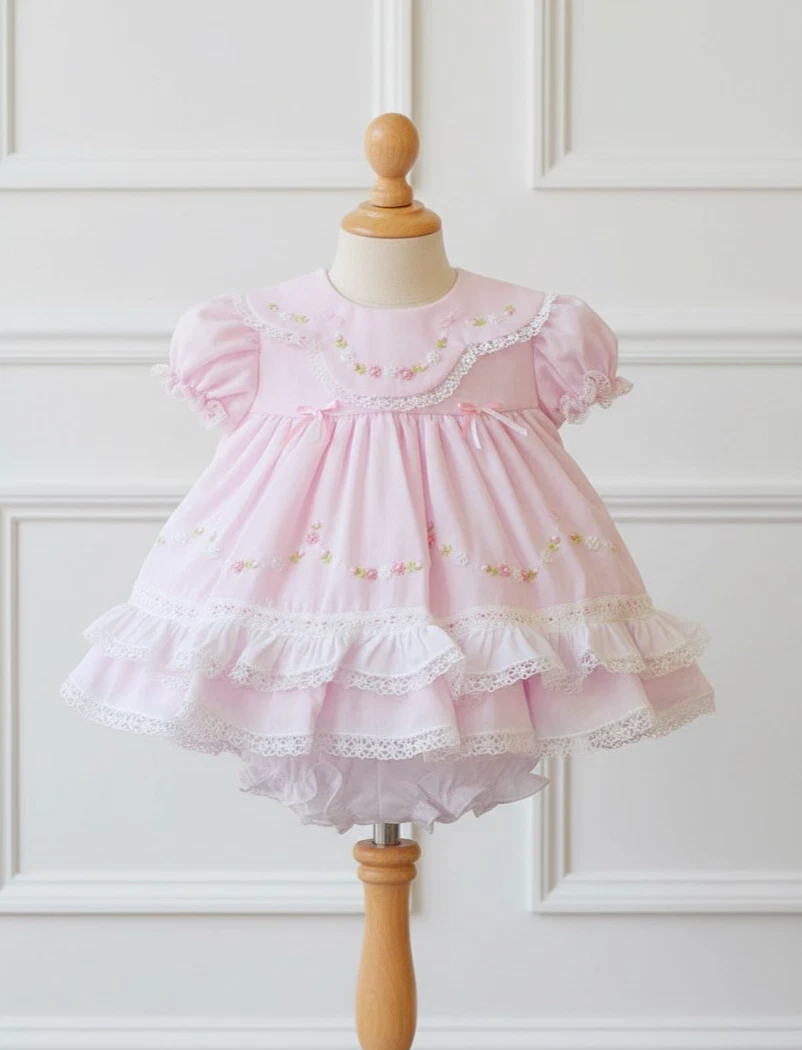 pink frilly newborn dresses Petit Ami Girls Pink Gingham Smocked Bishop 3pc Dress Newborn with bloomers