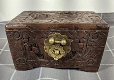 Vintage Carved Wooden Jewelry or Trinket Box with Metal Latch