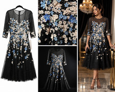 Mac Duggal 3D Floral Embellished Midi Dress Black Blue Size 4 NWT Formal