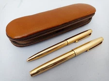 BOLASCRIP WALTZ GOLD FOUNTAIN PEN 14K EF NIB / BALLPOINT PEN IN POUCH VTG RARE