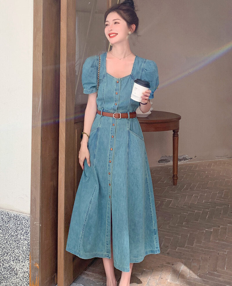 New Elegant Womens Fashion Denim Slim ALine Dress Puff Sleeve Summer