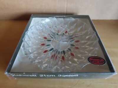 Glasschale Knabberschale Meteor Kabarett 3geteilt rot u. grüne Muster/21 cm Ø
