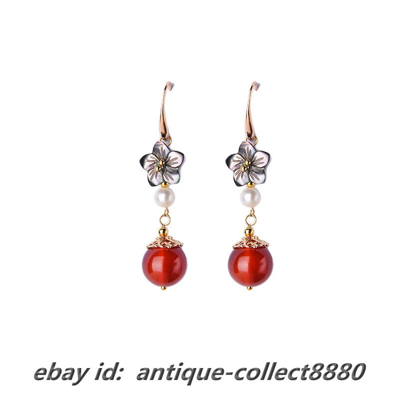 Um par de brincos estilo chinês ágata contas de concha branca marisco - Imagem 3 de 4