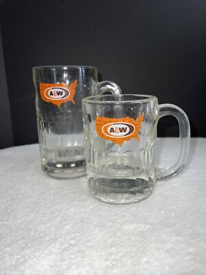 A & W Vintage 70s EUC Root Beer Mugs, Set Of 2, 1-6  T & 1-4.5  T, Oval Logo