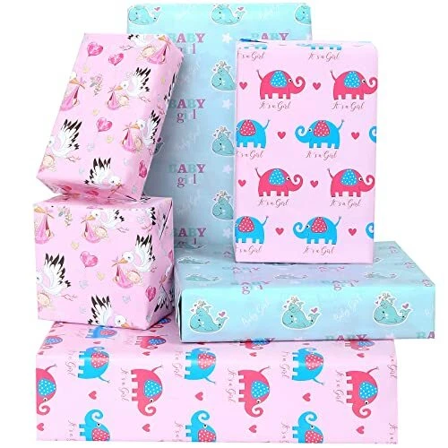 Baby Shower Wrapping Paper for New Baby Girls - Cute Elephants