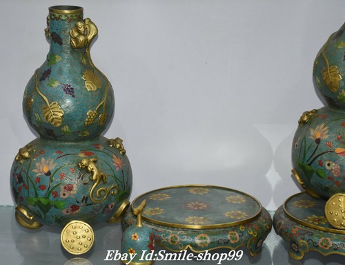 22" Old Chinese Copper Cloisonne Enamel Dynasty Gourd Base Bottle Vase Pair - Picture 11 of 12