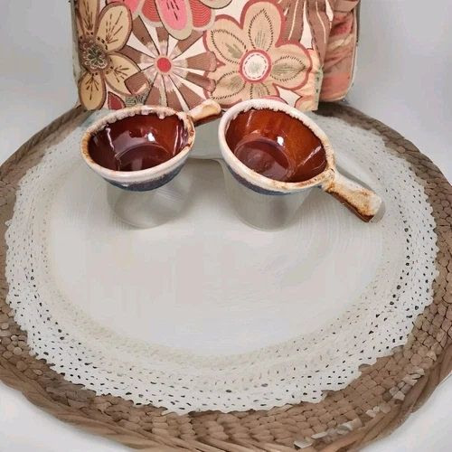 2 Vtg USA Brown Drip Handled Soup Bowls Maple Leaf Monmouth Western Stoneware