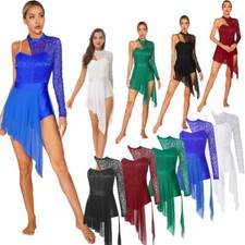 Womens Lyrical Dance Costume Lace Patchwork Single Sleeve Asymmetric Tulle Dress