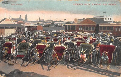 Old postcard / south africa / ricksha boys / waiting for fares
