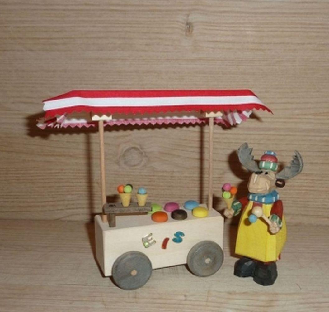 Alce Vendedor de Helado Con Carro Hielo Altura Aprox. 13cm Nuevo Figura Madera