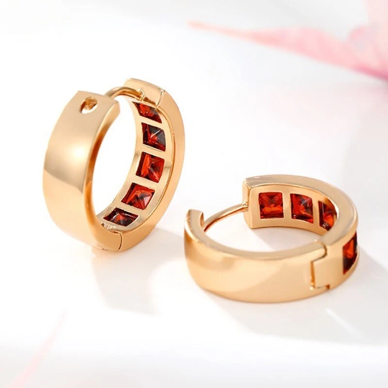 18mm NATURAL GARNET RED 14K GOLD OVER 925 STERLING SILVER HUGGIE EARRINGS - Image 2 of 4