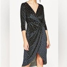ZARA Basic Twist Polka Dot Velvet Midi Dress Velvety Crossover V-neck M