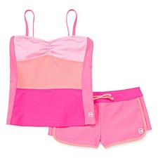 Free Country Color Block Tankini Set Girls 7 New Msrp 44.00 Pink/Cantaloupe