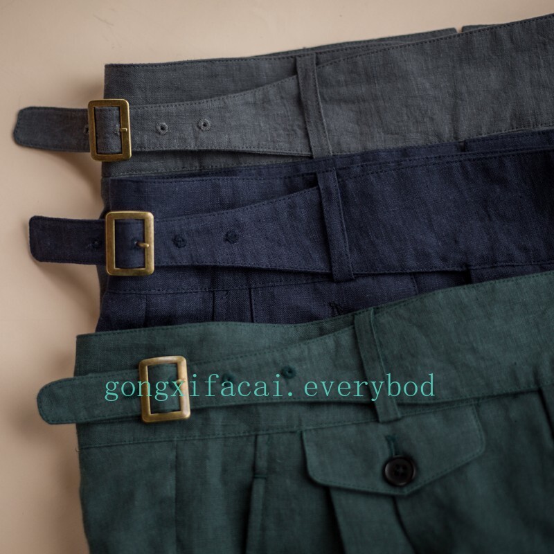 Retro Gurkha Linen Pants High Waist Straight Fit Casual Trousers Belted