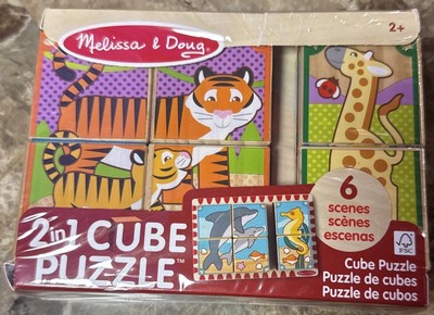 Melissa & Doug 2 in 1 Cube Wood Block Puzzle Animals 6 Scenes Preschool Toy Gift
