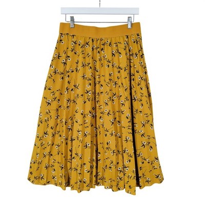 Andi + James Floral Pleated Midi Skirt Womens Large Mustard Yellow Elastic Waist