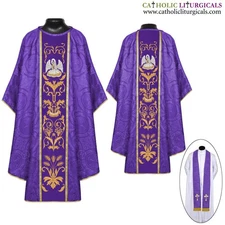 NEW Violet Gothic Vestment and Stole set with Pelican Embroidery, Casula, Casel