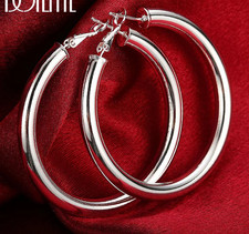 925 Sterling Solid Silver 50mm Round Smooth Big Hoop Earrings Women Jewelry