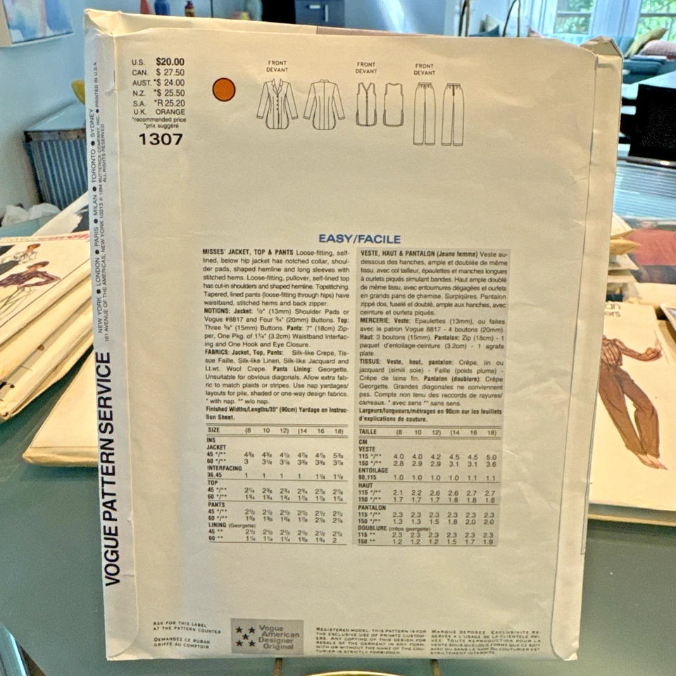 FREE SHIP! 1307 Vogue Patterns Anne Klein Sz 8-10-12 Misses Jacket Top Pants 80s - Image 2 of 2