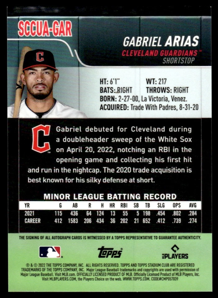 2022 STATIDUM CLUB CHROME AUTO GABRIEL ARIAS #6 - Image 2 of 2