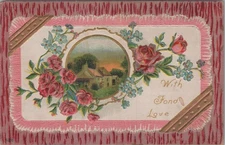 Embossed Fond Love Roses & Cottage Postcard c1910s Divided Back UNP