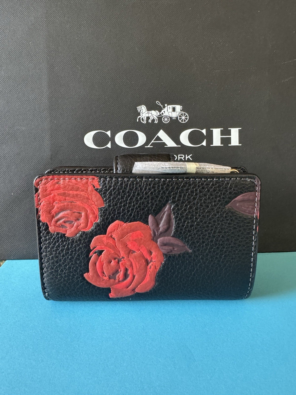 NWT Coach Medium Corner Zip Wallet With Floral Print Leather Black/ Red