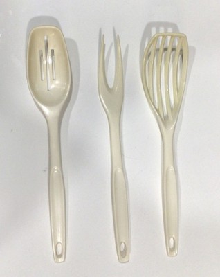 Vintage FOLEY Almond Slotted Whisk Nylon Slotted Spoon & Fork Lot Of 3 Each 11 