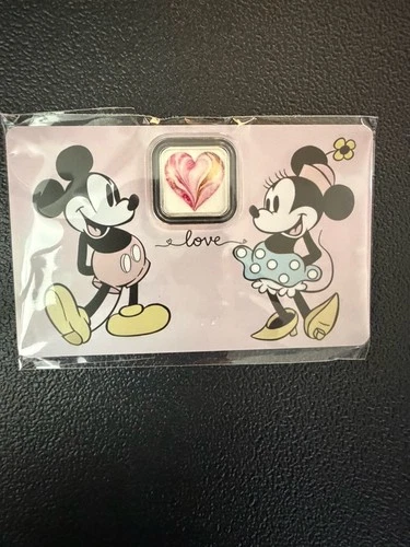 Mickey & Minnie Mouse Love Heart 1 Gram .999 Fine Silver Bar in Card W/COA