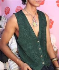 Jane Ashley Emerald Green Embroidered Suede Leather Vest Size Large Rockabilly