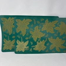 VTG Set If 2  Vinyl Christmas Placemats Green With Gold Poinsettia Rubber