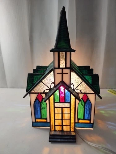 Tiffany Style Lamp Stained Glass Church Table Light Vintage Collectible Elegant