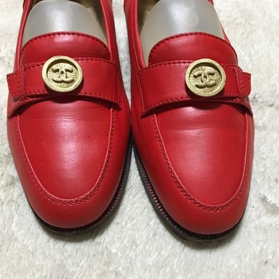 正規品 ヴィンテージ シャネル CoCoボタン ローファー 赤 37 23.5
