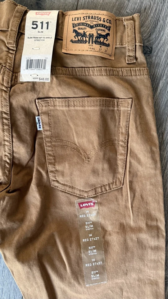 Levis 511 Slim Stretch Twill Camel Super Soft Boys Youth Jeans 14 Reg 27x27 NWT - Image 3 of 4