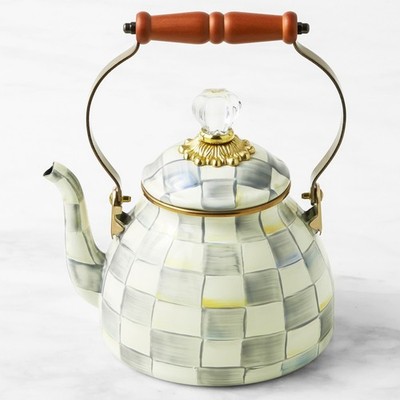 MacKenzie Childs Sterling Check Tea Kettle 2 Qt Enamel Stove Top Kettle