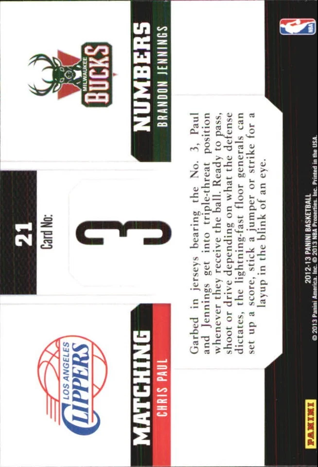 2012-13 Panini Matching Numbers #21 Chris Paul Brandon Jennings BSK - Image 2 of 2