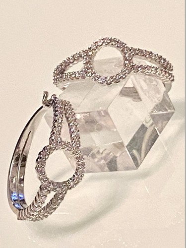925 STERLING SILVER.~CUBIC ZIRCONIUM~SPLIT DESIGN 2” HOOP EARRINGS~8GRS - Picture 2 of 12