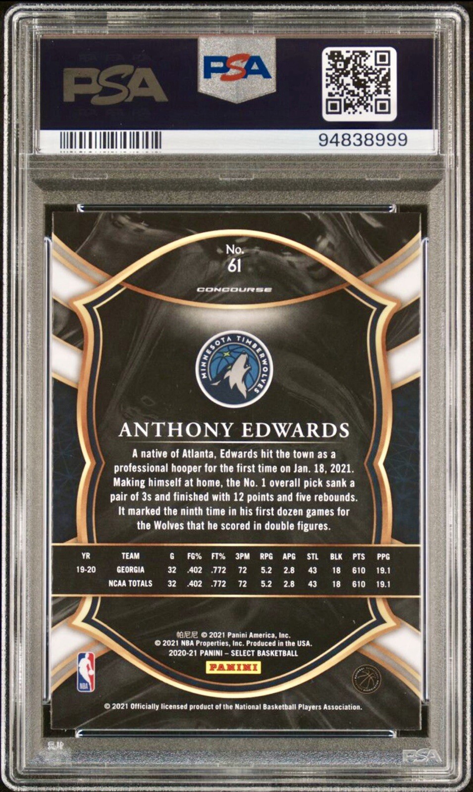 2020-21 PANINI SELECT ANTHONY 🐜 EDWARDS #61 RC CONCOURSE PSA 10 💎GEM 💎 MINT view 2