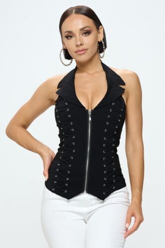 Para mujer SEXY Chaleco Prental con Cremallera Frontal con Correas Ajustado Halter Prenda para el torso club - Imagen 6 de 12