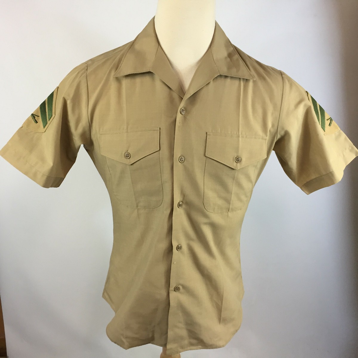 Vintage 50s 40s Mens Military Army Khaki Chino Button Collar Shirt