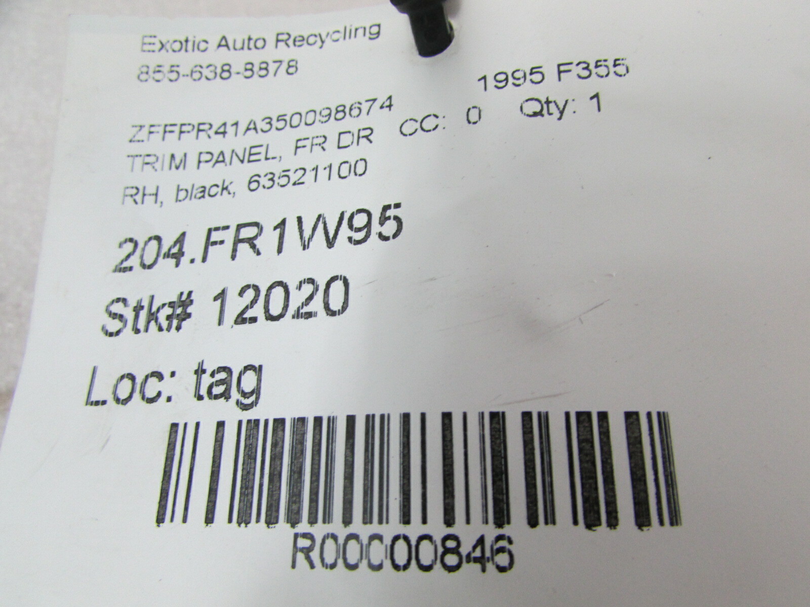 Ferrari 355, Spider, RH, Right Inside Door Panel, Black, P/N 63521100
