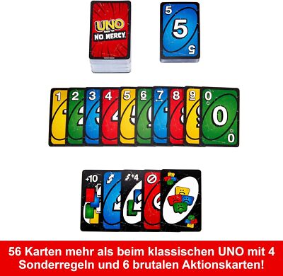 UNO Show ‘em No Mercy + UNO FLIP Kartenspiel – 56 Extra Harte Karten & Beidseitige Karten, Für Gnadenlosen Spielspaß Ab 7 Jahren