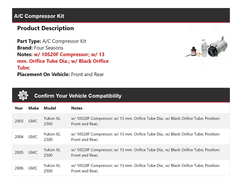 Kit de compresor de aire acondicionado delantero y trasero para GMC Yukon XL 2500 2003-2006 4 estaciones 2004 Foto 2 de 4